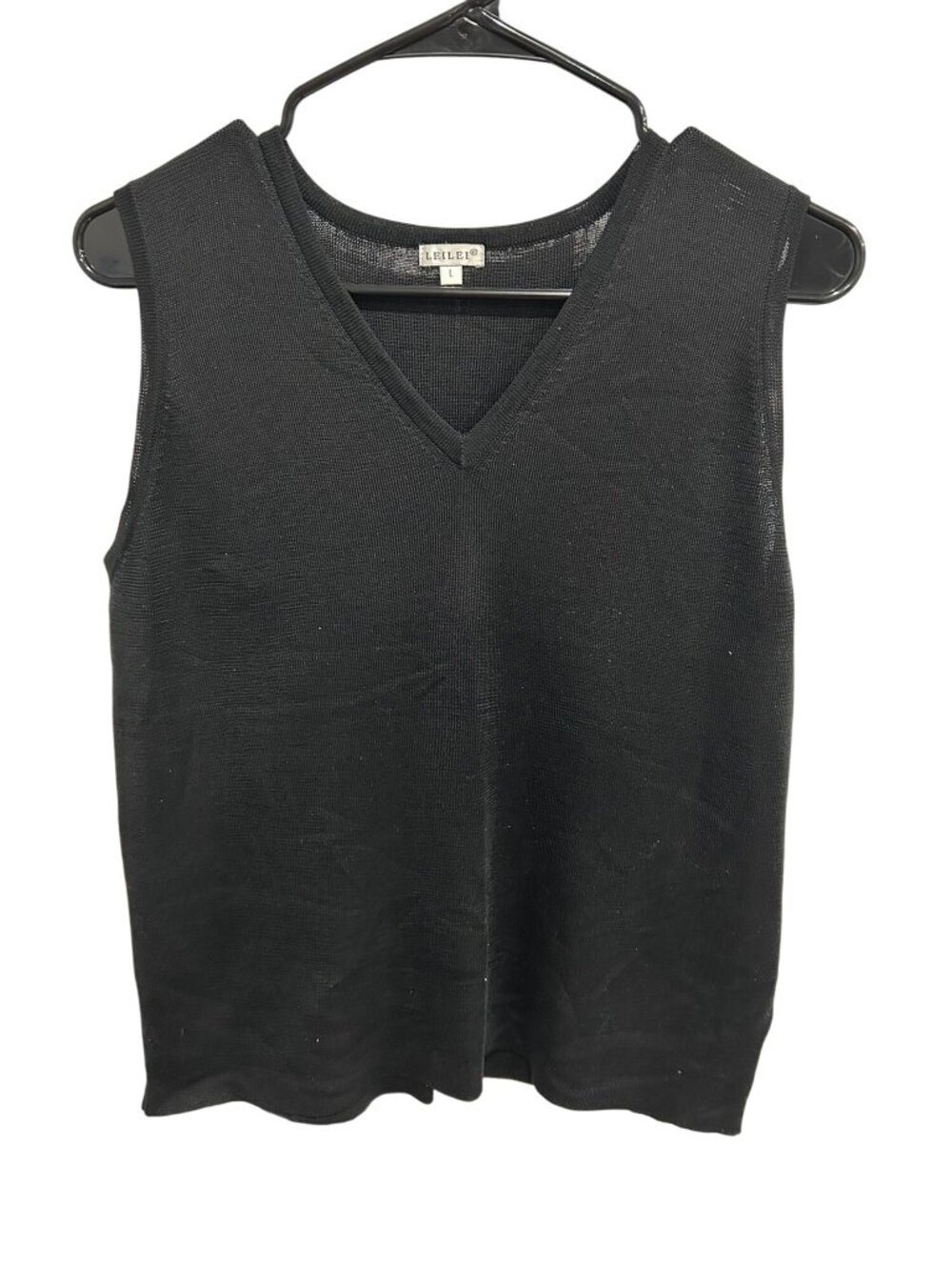 Leilei V-Neck Sleeveless Sweater Vest Black Sz Large Silk Knit Staple Cozy